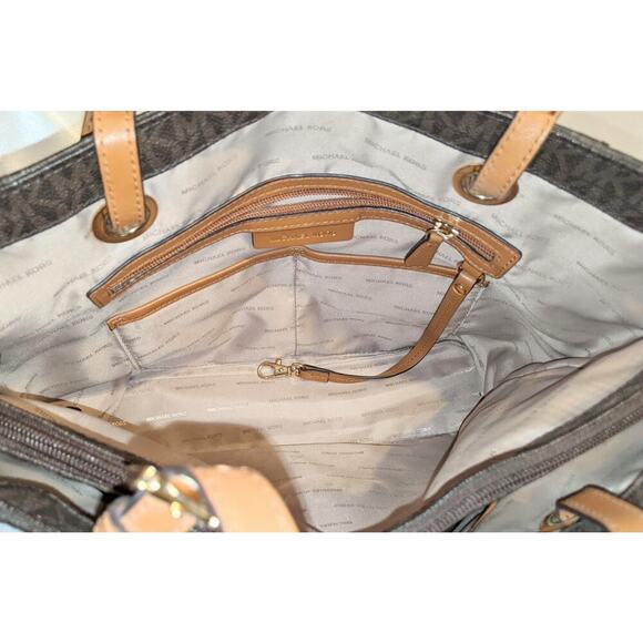 Michael Kors Signature Brown Coated Canvas Jet Set East West Tote Bag Purse - Picture 10 of 15